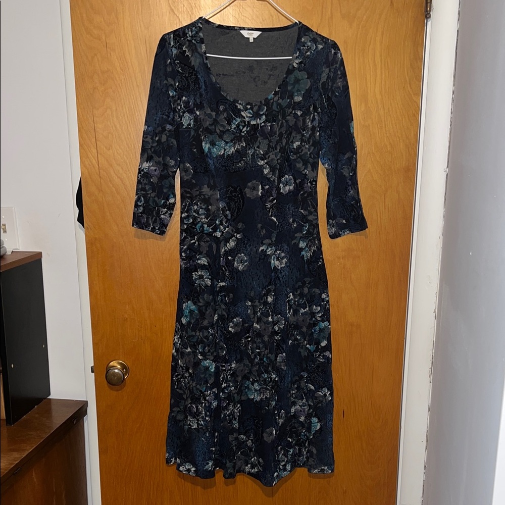 Cotton Traders Chic Navy Floral Devore Long Sleeve MIDI Dress